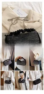 Detail of mini handbag featuring sparkling rhinestones and elegant chain strap detail
