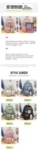 Detailed size specs and color options for the high-capacity nylon student backpack