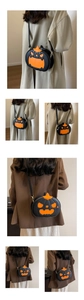 Detailed views of pumpkin shaped crossbody bag with black PU leather and orange accents
