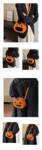 Detail view of pumpkin crossbody bag with orange PU leather and black face applique