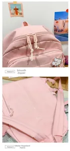 Detail showing water-resistant pink fabric with water drops and smooth zippers