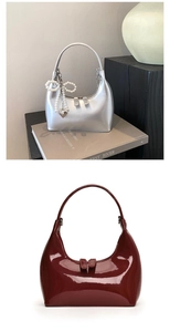 Détails de sacs à main croissants en argent avec perles et cuir verni bordeaux