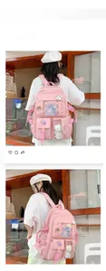 Detail of pink multi-pocket backpack showing cute pins and transparent windows