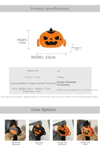 Detailed size chart and multi-style display of Halloween pumpkin crossbody bags