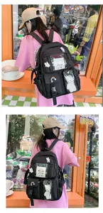 Close-up of black nylon backpack with multi-pocket design and transparent window layer