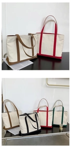Detail of high-density canvas tote bags showing four color-block straps and reinforced bottoms