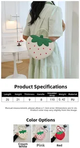 Detail view of strawberry shaped PU leather crossbody bag with green leaf texture details