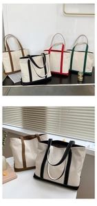 Detail of color-block canvas tote bags in caramel, black, red, and green for daily use