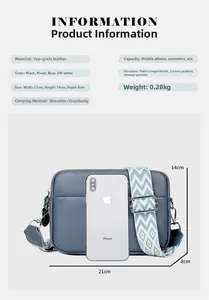 Blue lychee grain leather crossbody bag size 21x14x8cm compared with iPhone