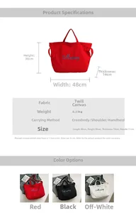 Tableau des dimensions détaillées du grand sac en toile avec tailles et couleurs