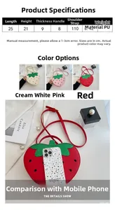 Size chart for strawberry-shaped bag with adjustable strap and PU leather details