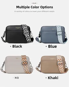 Litchi pattern leather camera bags in four colors with wide geometric jacquard straps
