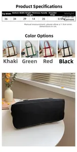 Detailed size specifications and color options for large capacity canvas tote bags