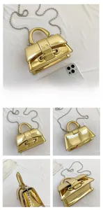 Mini gold laser mirror bag size comparison with phone and detailed product views