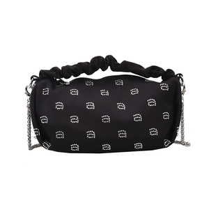 Chic black satin handbag with rhinestone pattern, ruffled handle and silver chain strap