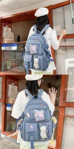 Detail of blue school backpack with cute transparent pockets and plush bear charms
