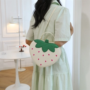 Creative strawberry shaped crossbody bag with green leaf sequins and soft white leather