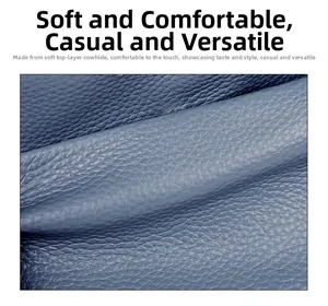 Detailed macro view of dark blue genuine cowhide leather with natural lychee texture