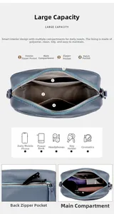 Internal structure of blue leather camera bag showing multiple pockets and polyester lining