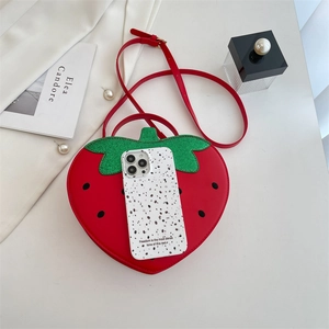 Creative red strawberry shaped crossbody bag with green leaf sequins and slim strap