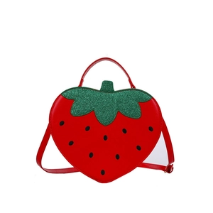 Creative strawberry shaped crossbody bag for women in bright red PU leather with green leaves