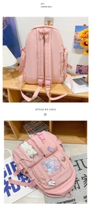 Detailed view of pink school backpack with functional zip pockets and clear card window