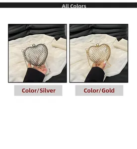 Hollow heart-shaped metal evening clutch bags in gold and silver with chain straps