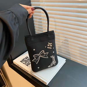 Women Mini Handbag Nylon Shoulder Crossbody Bag Rhinestone Patches Bow Lipstick Embroidery Trendy Streetwear Style