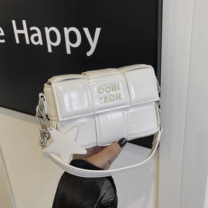White woven crossbody bag with metallic chain strap and star charm for women