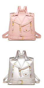 Detail of pink and silver biker jacket backpacks featuring gold zippers and lapel accents