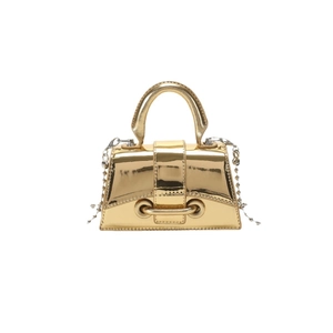 Mini golden metallic trapezoid handbag with structured handle and silver bead chain strap