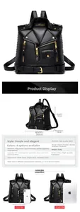 Detail view of black punk jacket style backpack with dimensions 30x32x14cm and PU texture