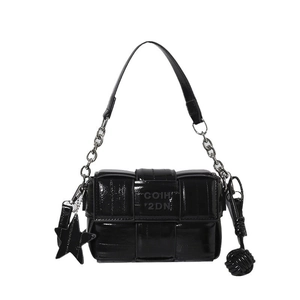 Chic black woven crossbody bag with chain strap and glossy patent leather finish