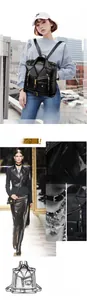 Detailed view of punk style motorcycle jacket design backpack with gold zippers and lapels