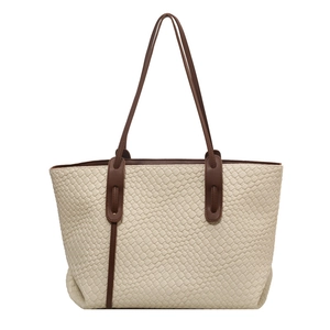 Chic woven tote bag in cream white PU leather with contrasting brown long shoulder handles