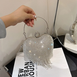Heart Shaped Rhinestone Evening Bag With Long Tassels Circular Ring Handle And Chain Strap For Women Party Wedding