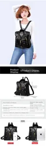 Detailed view of punk jacket style backpack with metal zippers and size dimensions