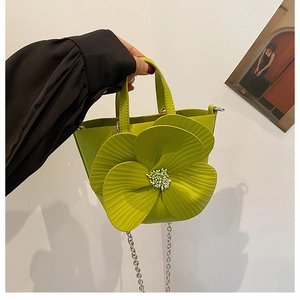 Lime green PU leather handbag with 3D floral design and metallic chain strap