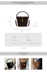 Size chart for vintage velvet bucket bag showing dimensions and black brown color options