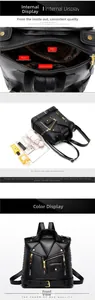 Detail of a punk jacket style backpack with metal zippers and PU leather finish