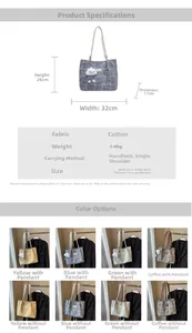 Guía de tallas y opciones de color para bolso tote grande de tela con accesorios opcionales