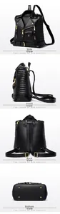 Detailed four-angle view of a black punk jacket style backpack with gold zippers