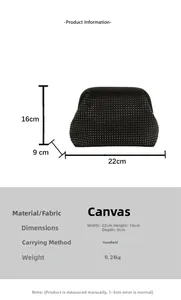 Detailed size specifications of black rhinestone handbag showing dimensions 22x16x9cm