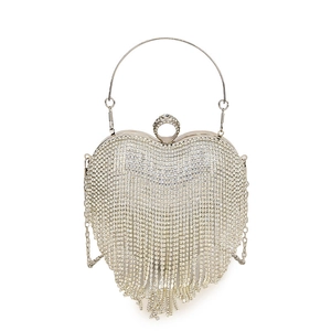 Elegant silver heart-shaped evening clutch bag with rhinestone tassels and metal handle