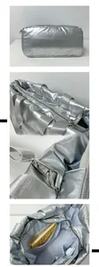 Vues détaillées du sac de voyage argenté montrant le tissu, le métal et l'intérieur