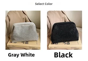 Detail view of rhinestone-studded evening clutch bags in off-white and black suede colors