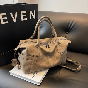 Vintage Boston Handbag For Women Large Capacity Frosted Synthetic Leather Tote Bag Retro Casual Commuting Shoulder Bag