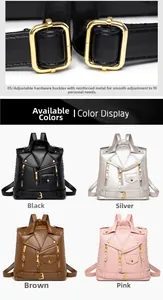 Detail of adjustable metal buckle strap and four-color motorcycle jacket style backpack