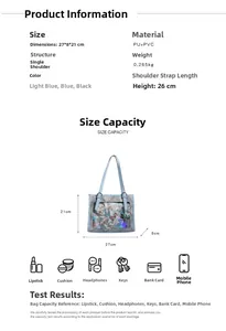 Detail illustration showing the light blue PU leather bag dimensions 27x21x8cm