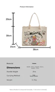 Detailed size chart for the graffiti canvas tote bag showing dimensions and weight